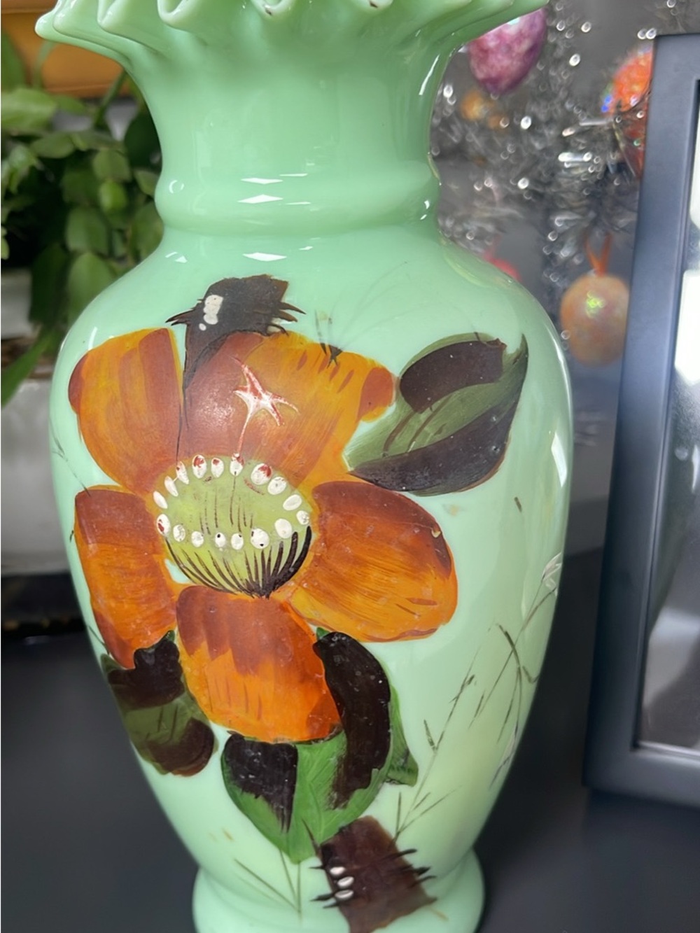 Antique Bristol Glass Ruffled Vase Hand Painted Floral Design